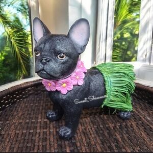 Frenchie French Bulldog Hawaiian Lei Flowers & Grass Hula Skirt Figure Decor New